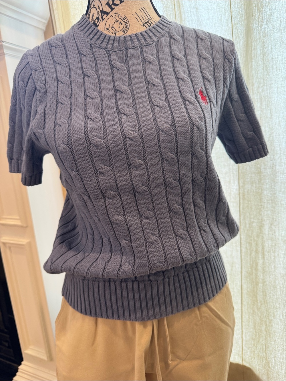 Polo by Ralph Lauren Short-Sleeve Cable Knit Sweater in Charcoal with Red Pony